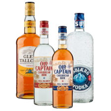 Old Captain Caribbean rum wit, bruin
of spiced fles à 700 ml,
Glen Talloch Schotse whisky of Esbjaerg vodka
fles à 1000 ml